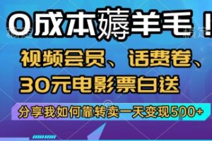 0成本薅羊毛!视频会员、话费卷、30元电影票白送，分享我如何靠转卖一天变现5张+【揭秘】