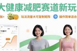 大健康减肥赛道新玩法日入8张，玩法流量大可复制矩阵，操作简单适合小白